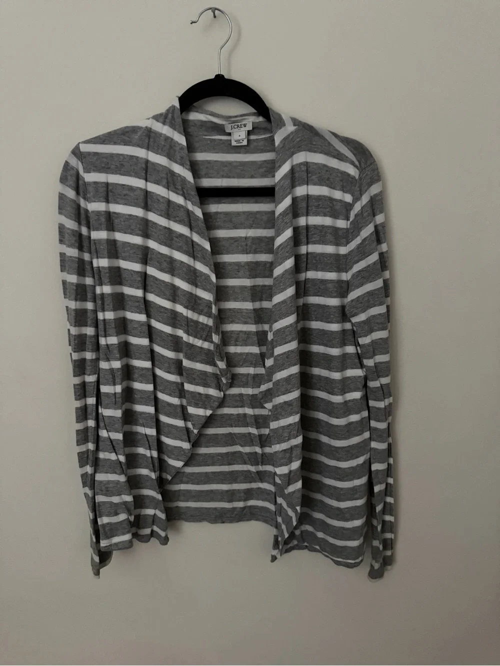 J. Crew Gray and White Striped Open Drape Cardigan